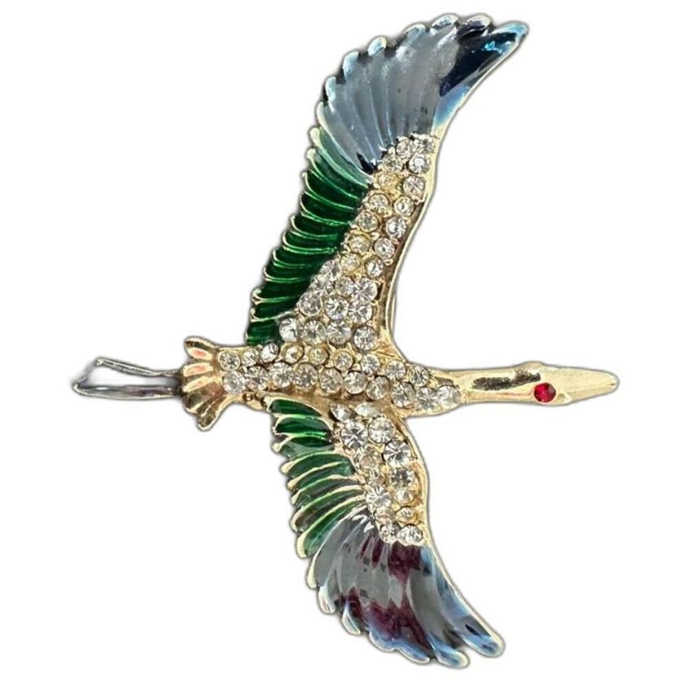 Vintage Giovanni Stork Bird in Flight Enamel Rhinestone Brooch Pin blue green